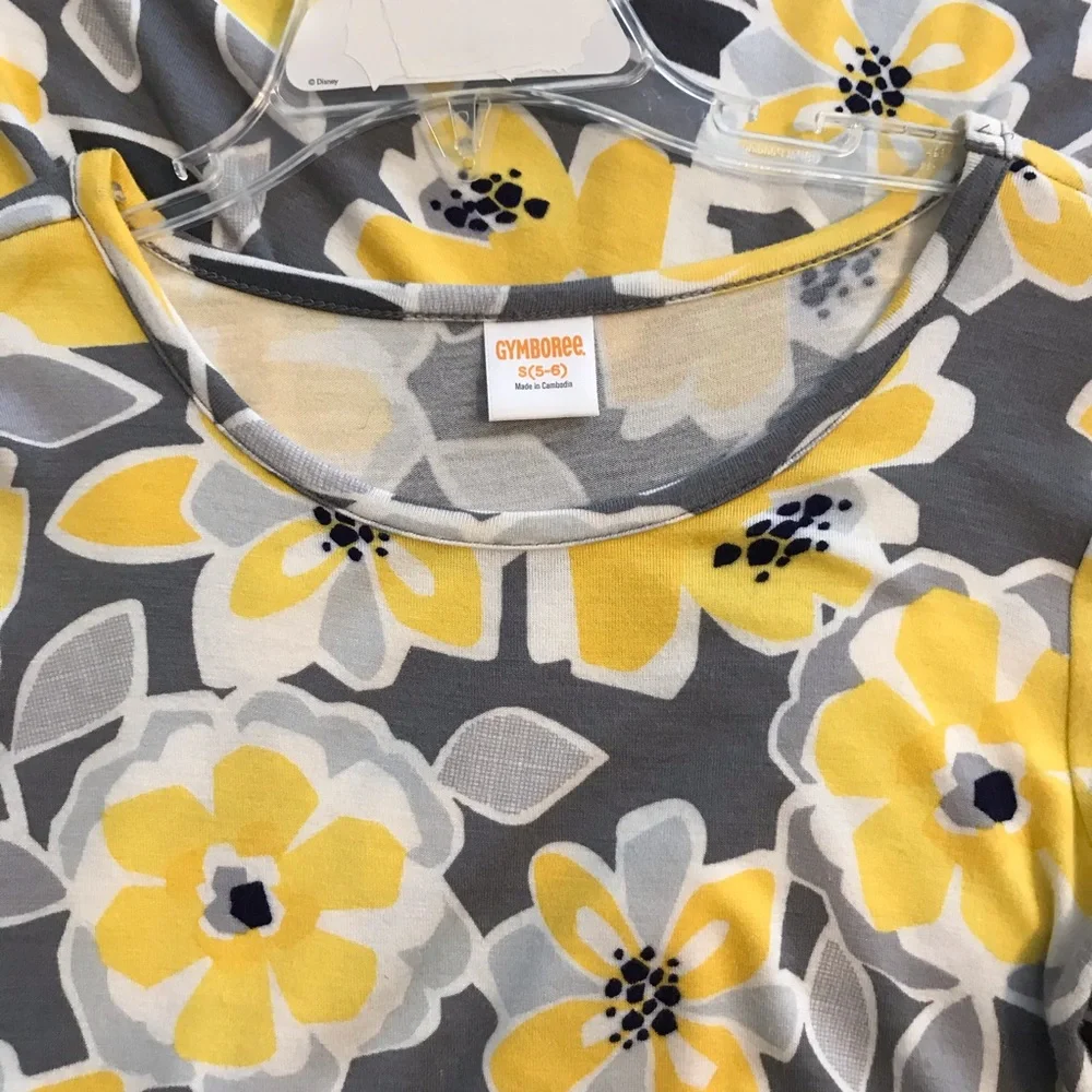 GYMBOREE Maxi Dress Size 6 A-Symmetrical Yellow Gray Floral 3/4 Sleeve